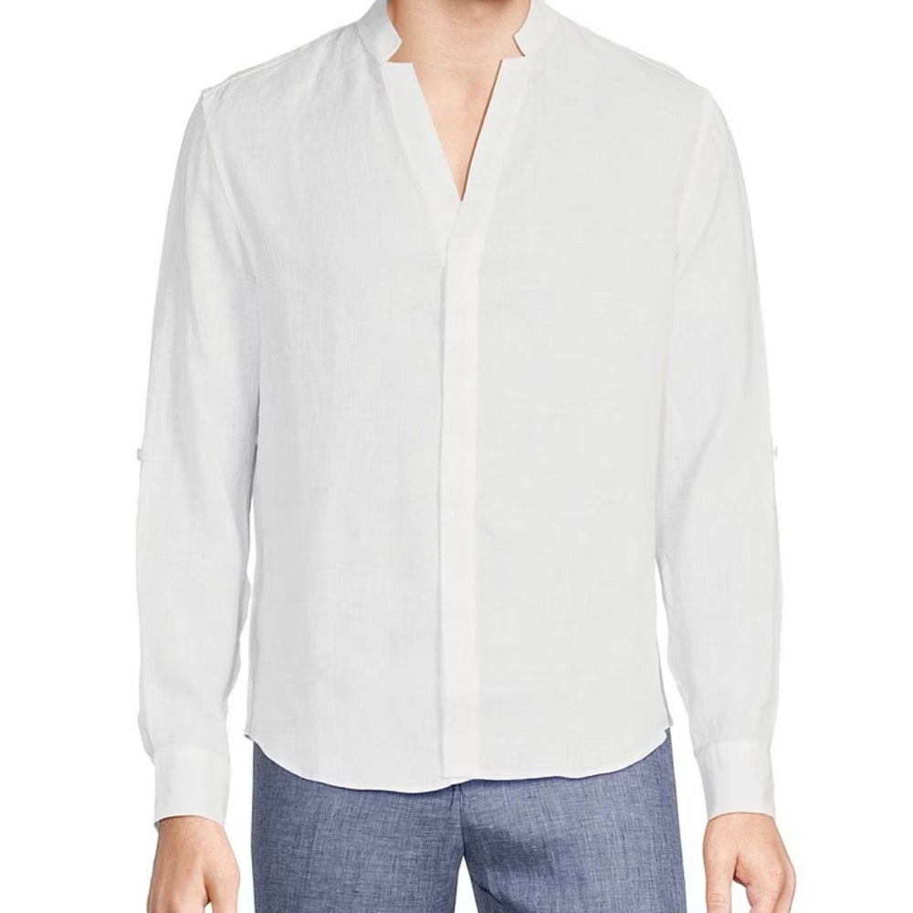 Murano Baird McNutt classic fit mandarin collar long sleeve linen shirt XL white